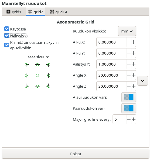 Aksonometrisen ruudukon asetukset