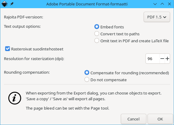 PDF-tallennuksen dialogi