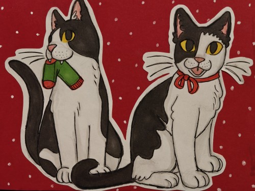 Kaksi piirrettyä mustavalkoista kissaa punaisella pohjalla