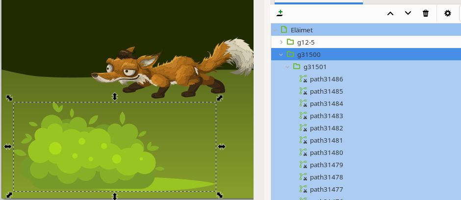 Ryhmä valittuna "Eläimet"-tasolta