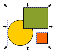 Keltainen ympyrä ja vihreä sekä oranssi suorakulmio