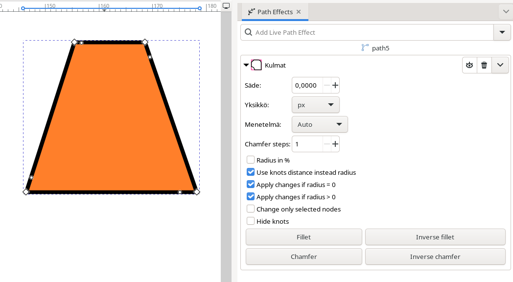 Polku ja valitun "Kulmat"-tehosteen asetukset