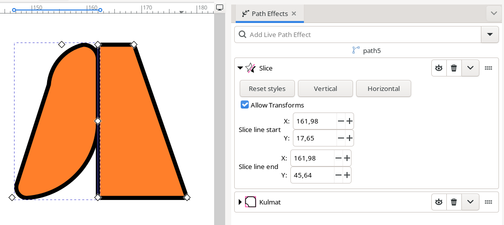 Polussa yhtä aikaa sekä "slice"- että "kulmat"-tehoste toisessa järjestyksessä