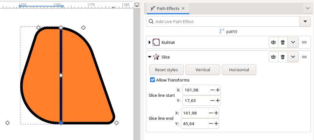 Polussa yhtä aikaa sekä "kulmat"- että "slice"-tehoste