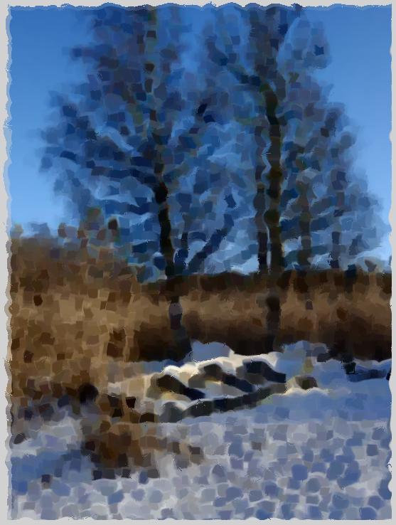 Vene lumisessa maisemassa suotimella "öljyvärimaalaus"