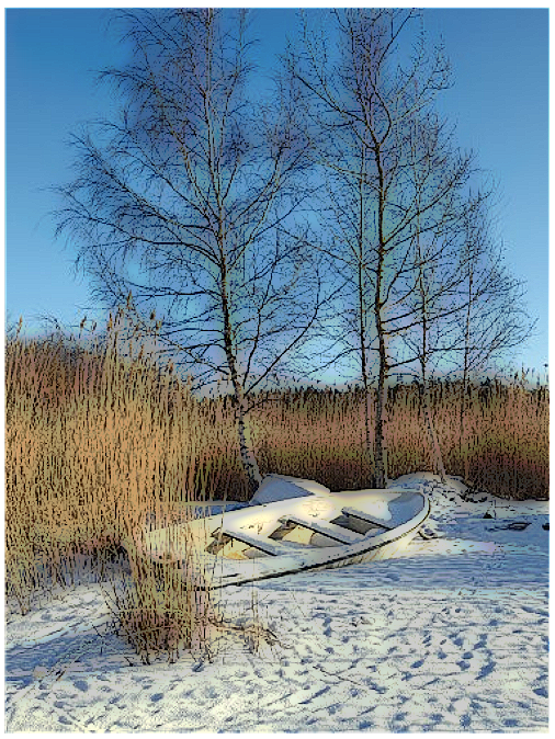 Vene lumisessa maisemassa suotimella "vanha postikortti"