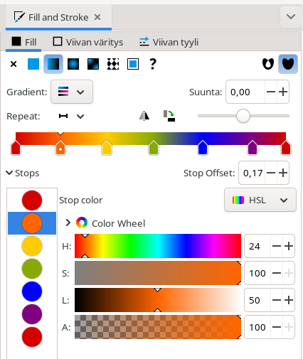 Liukuvärin muokkaus täyttö ja reunaväri -dialogissa
