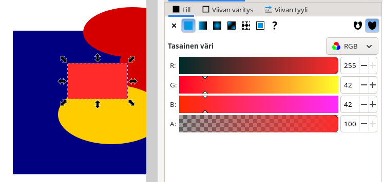 Punainen nelikulmio ja sen väriasetukset RGB:nä.