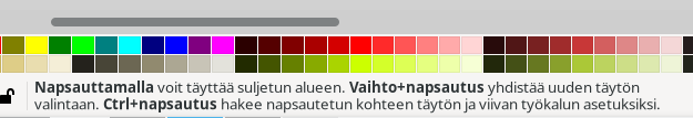 Täyttötyökalun ohjeet vihjetekstissä: "Napsauttamalla voit täyttää suljetun alueen. Vaihto+napsautus yhdistää uuden täytön valintaan. Ctrl+napsautus hakee napsautetun kohteen täytön ja viivan työkalun asetuksiksi.